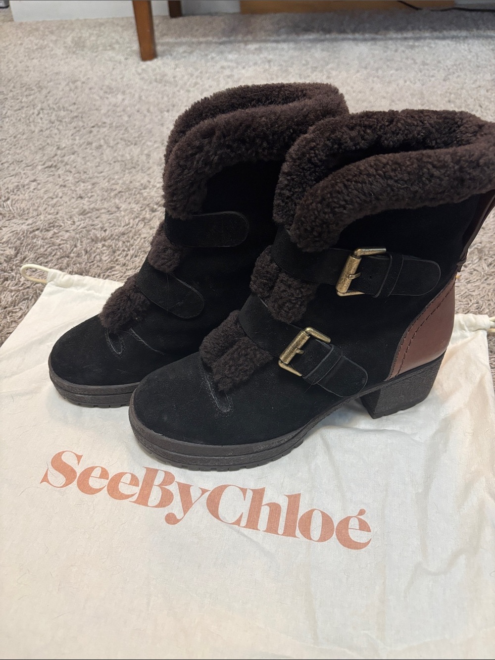 See By Chloé Brown Suede Shearling and Leather Buckle Block Heel Ankle Boots